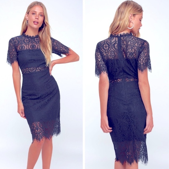 Lulus Dresses & Skirts - NWT Lulu's Remarkable Navy Blue Sheer Lace Short Sleeve Mini Dress S